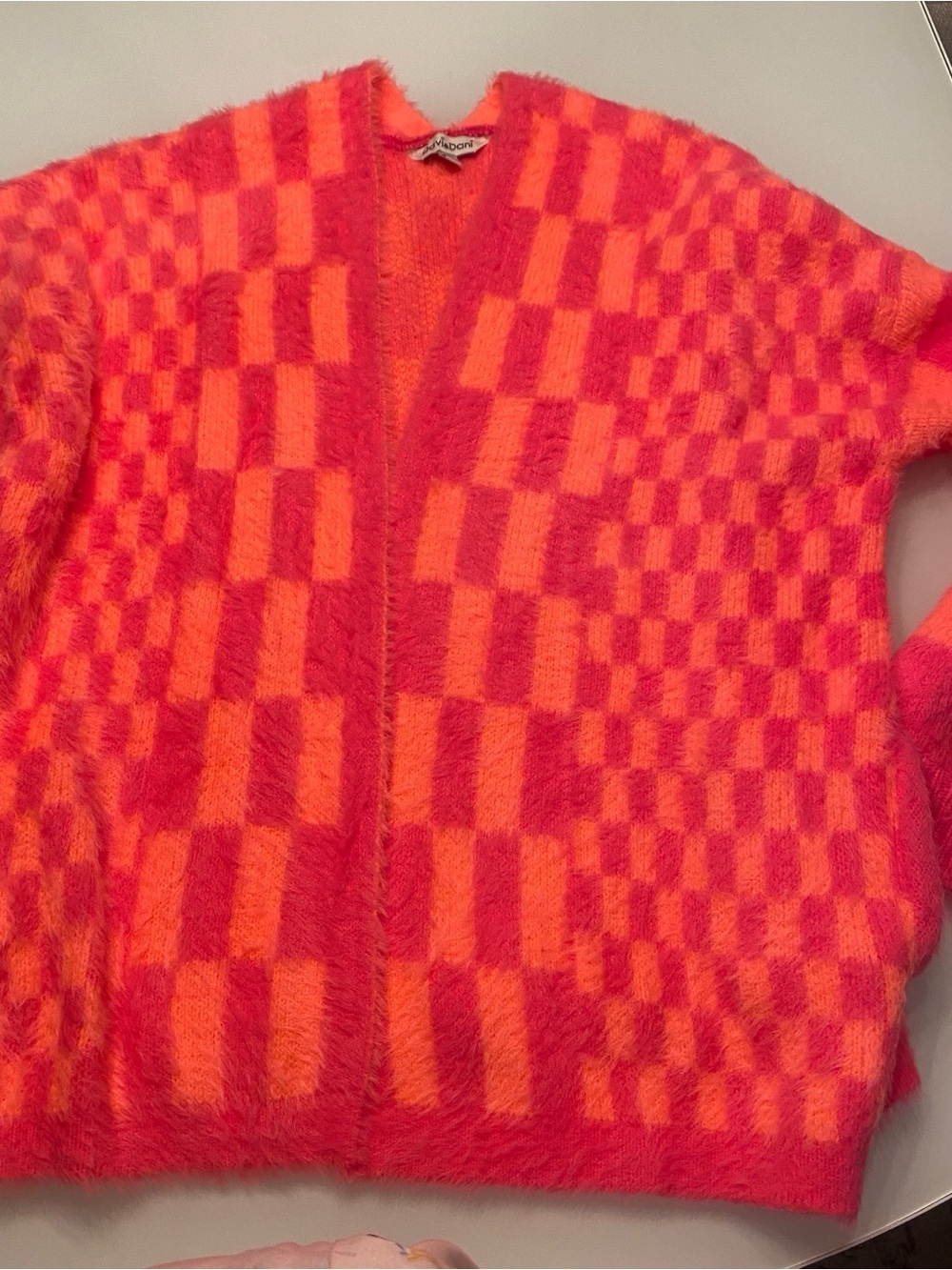 Davi & Dani Pink Orange Checkered Fuzzy Knit Cardigan L NWOT